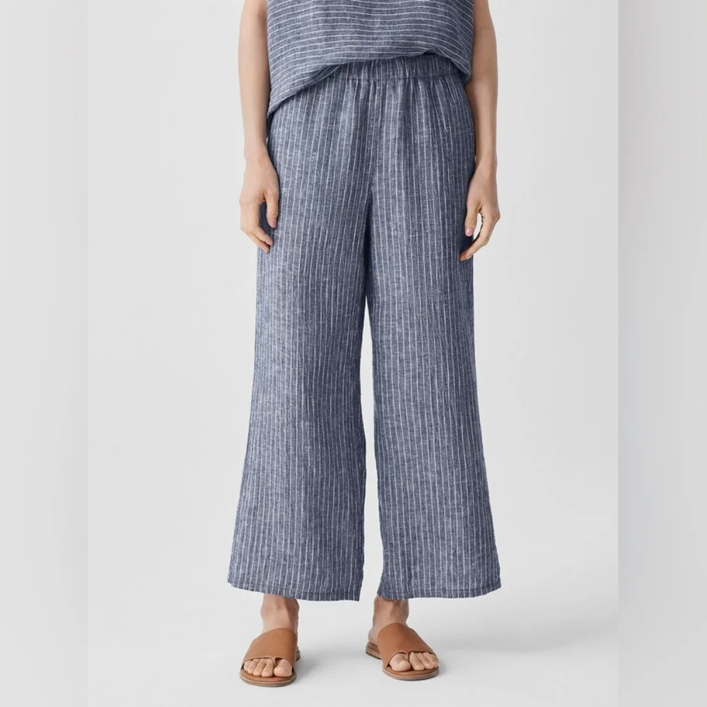Eileen Fisher Puckered Organic Linen Wide Leg Pants Striped 100% Linen Size LP - Picture 1 of 10